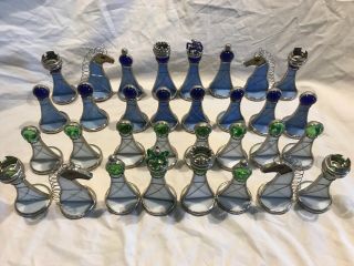 Hand Made Stained Glass Chess Set Blue White Green Intricate Rare Lovely