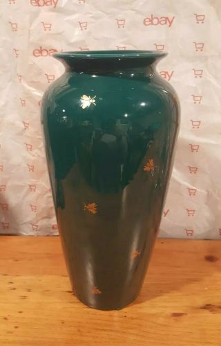 Vintage Ethan Allen Vase 13 - 1/2 " Tall Green With Gold Bumble Bees Rare