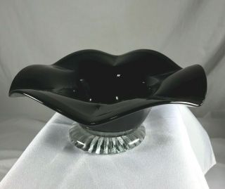 Rare Vintage Art Deco Black Amethyst Glass Console Bowl Lotus Shape Fruit Bowl