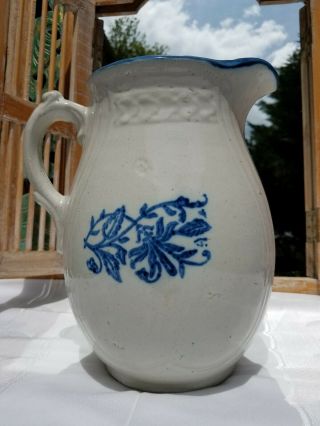 Antique Salt Glazed Stoneware Pitcher Blue Wild Flower Motif Rare W/flaws Look
