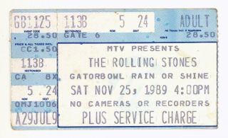 Rare The Rolling Stones 11/25/89 Jacksonville Fl Gator Bowl Ticket Stub