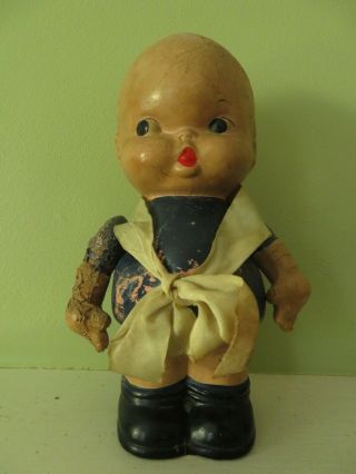 Rare Unique Antique Kewpie Doll Still Bank & Plug,  Jointed Arms,  Painted Clothes
