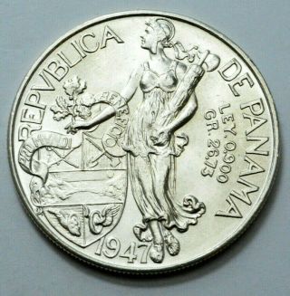 1947 Panama 1 Balboa Unc Km 13.  900 Silver One Crown Dollar Coin Rare