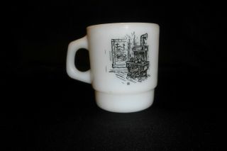 Vintage Fire King Rare Coffee Mug Milk Glass Wood Cookstove/window
