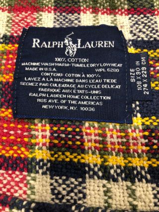 Rare Ralph Lauren Red White Blue Plaid King Blanket Cotton Blue Tag 108” X 90”