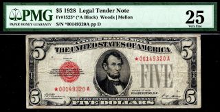 Rare 1928 $5 Five Dollar Star Red Seal Legal Tender • Pmg 25 • Fr.  1525