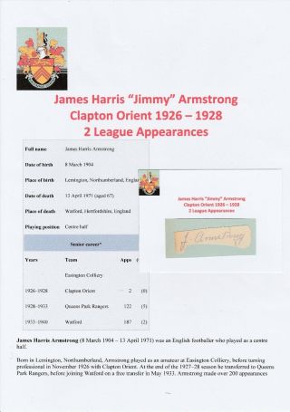 Jimmy Armstrong Clapton Orient 1926 - 1928 Rare Hand Signed Cutting/card