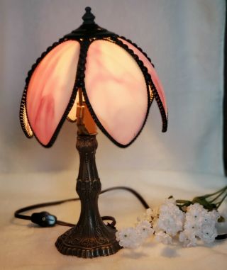 Tiffany Style Lamp Tiffa mini Stained Glass Pink lotus Flower 12 ' VINTAGE RARE 2