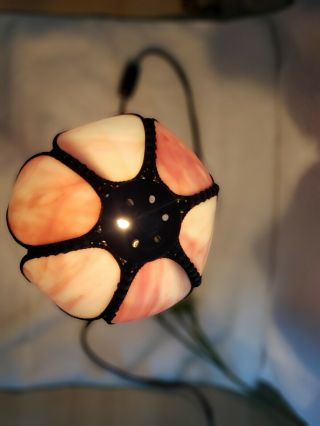 Tiffany Style Lamp Tiffa mini Stained Glass Pink lotus Flower 12 ' VINTAGE RARE 5