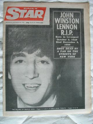 Daily Star Newspaper.  John Lennon Death.  Dec 10th 1980.  Beatles.  Rare