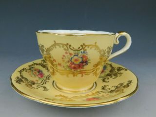Rare Aynsley England Bone China Yellow Tea Cup And Saucer Floral Gold Trimmed
