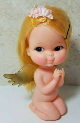 Vintage Forsum Angel Doll Japan Girl Vinyl Blonde Hair Kneeling Big Eyes Rare