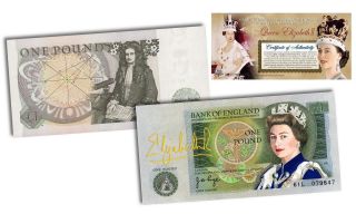 Queen Elizabeth Ii Colorized Bank Of England One Pound Note (rare & Limited)