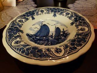 Vintage Rare Blue Delft Sailboats Wall 10 " Plate/fruit Bowl Hand Painted Holland