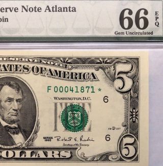 1995 $5 Atlanta Rare Star ⭐️ Banknote,  Pmg Gem Uncirculated 66 Epq,  Low S/n