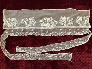 Rare Antique " Passe " Hand Embroidery On Tulle & Handmade Bobbin Lace Edging