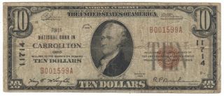 1929 $10 National Currency Carrollton,  Oh Ch 11714 Rare Type 1 Ohio Bank Note