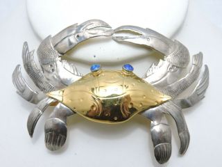 Vintage Rare Courtney Peterson Sterling & Brass Crab Pendant Pin Brooch