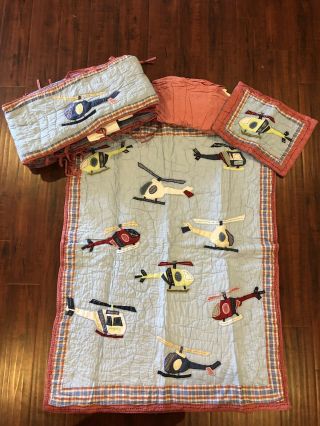 Rare Pottery Barn Kids Helicopter Baby Bedding 4 Pc Quilt Bumper Skirt Pillow