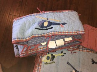 RARE Pottery Barn Kids Helicopter Baby Bedding 4 Pc Quilt Bumper Skirt Pillow 7