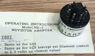 Rare Mercury Electronics Model Nu - 1 Nuvistor Adaptor With Operating Instructions