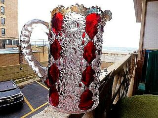 Millersburg Crystal Honeycomb & Hobstar Ruby Stain & Gilded Rare Tankard Pitcher