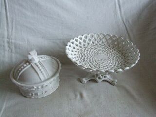 Rare White Glass Sowerby Dish & Stand,  White Glass Crown Box.