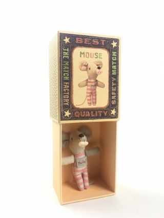 Rare Maileg Baby Sister Little Girl Mouse With Pink Stripes In Matchbox