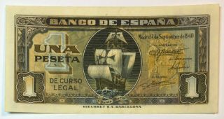 1 Peseta 1940 Spain Banknote,  Unc Rare,  No - 1147