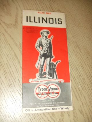 Rare 1942 Tydol Veedol Tidewater Oil Gas Illinois State Highway Road Map Stamp