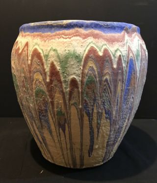 Rare Huge Ozark Roadside Tourist Pottery Vase Drip Swirl Glaze Colors 11 1/2”