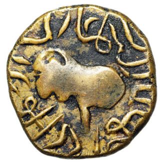 Rare Medieval India Coin " Forepart Of Bull & Donkey ? " 16mm Yellow Metal