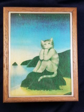 Rare Vtg Wooden Box W/martin Lehman/kimberly Graphic Art Tile Lid/gray Tabby Cat