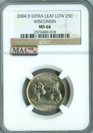 2004 - D Wisconsin Quarter Low Leaf Ngc Mac Ms66 Spotless Rare.