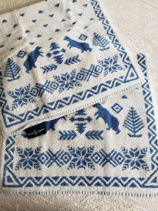 Vtg Ralph Lauren Pair " Bear & Pine Trees " Blue/ White Reverse Hand Towels Rare