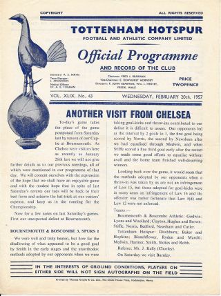 Tottenham V Chelsea 1956/7 - Rare Midweek Afternoon Kick Off Football Programme