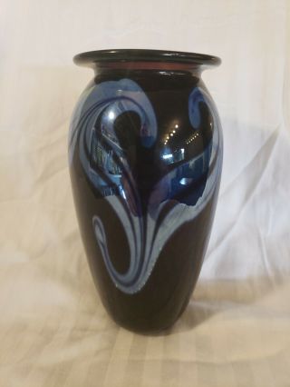 Rare Purple & Blue Eickholt Art Glass Pulled Feather Vase 1990 Perfect Piece