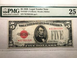 1928 $5 Star Red Seal Note - Pmg Vf25 - Sn 01786516a - Rare Note