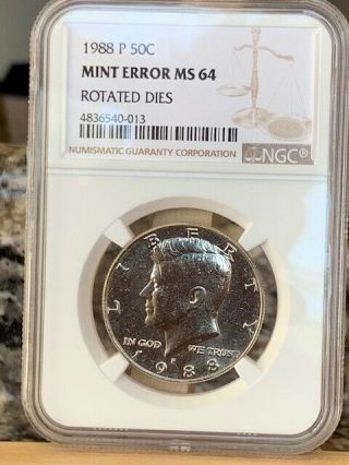 1988 - P 160 Degree Rotated Dies Kennedy Half Ngc Ms 64 160 Degrees - Rare
