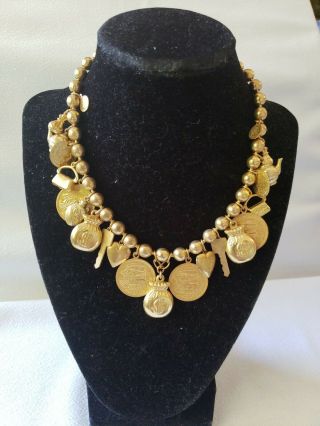 Rare Signed Miriam Haskell Gold Wash Necklace With Gold Tone Charm