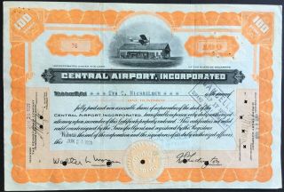 Central Airport,  Inc.  Stock 1929 Camden,  Nj.  Early Modern Airport Historic.  Rare