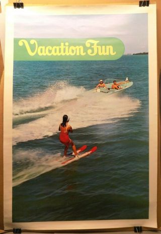 Rare Travel Poster Vacation Fun Water Skiing Speed Boat Sports 1960s Rocket Skis