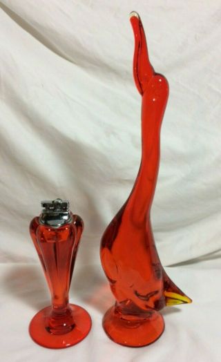 Rare Vintage Viking Glass Orage Persimmon Lighter & Lg Duck Mid Century Retro