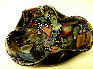 Rare Murano Italian Art Glass Bowl Multi - Color Swirls Silver & Gold Aventurine