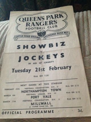Qpr Rare Programme Showbiz V Jockeys 21/2/1961