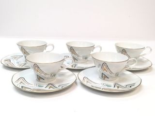 Set Of 5 Noritake Nippon Taki Kaisha Tea Cups & Saucers Rare Pattern J