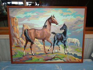Vintage Oil Paint By Number Running Horses Mustangs Rare 18x24 Pre - Hung