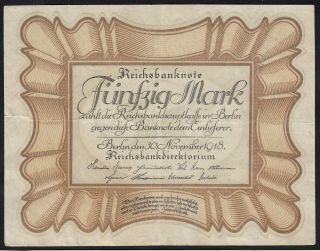 1918 50 Mark Germany Rare Vintage Banknote Paper Money Currency P 65 Vf Egg Note