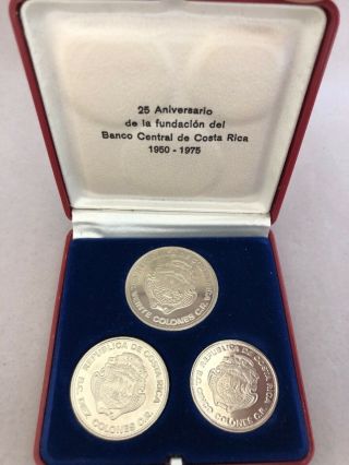 Costa Rica 3 - Coin Proof Set 1975 Rare In Case 25th Anniversary Central Bank