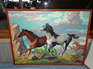 Vintage Oil Paint By Number Running Horses Mustangs Rare 18x24 Pre - Hung 2